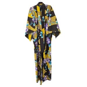 Japanese Kimono Robe 100% Cotton Black Purple Floral Long Open Front Tall OS